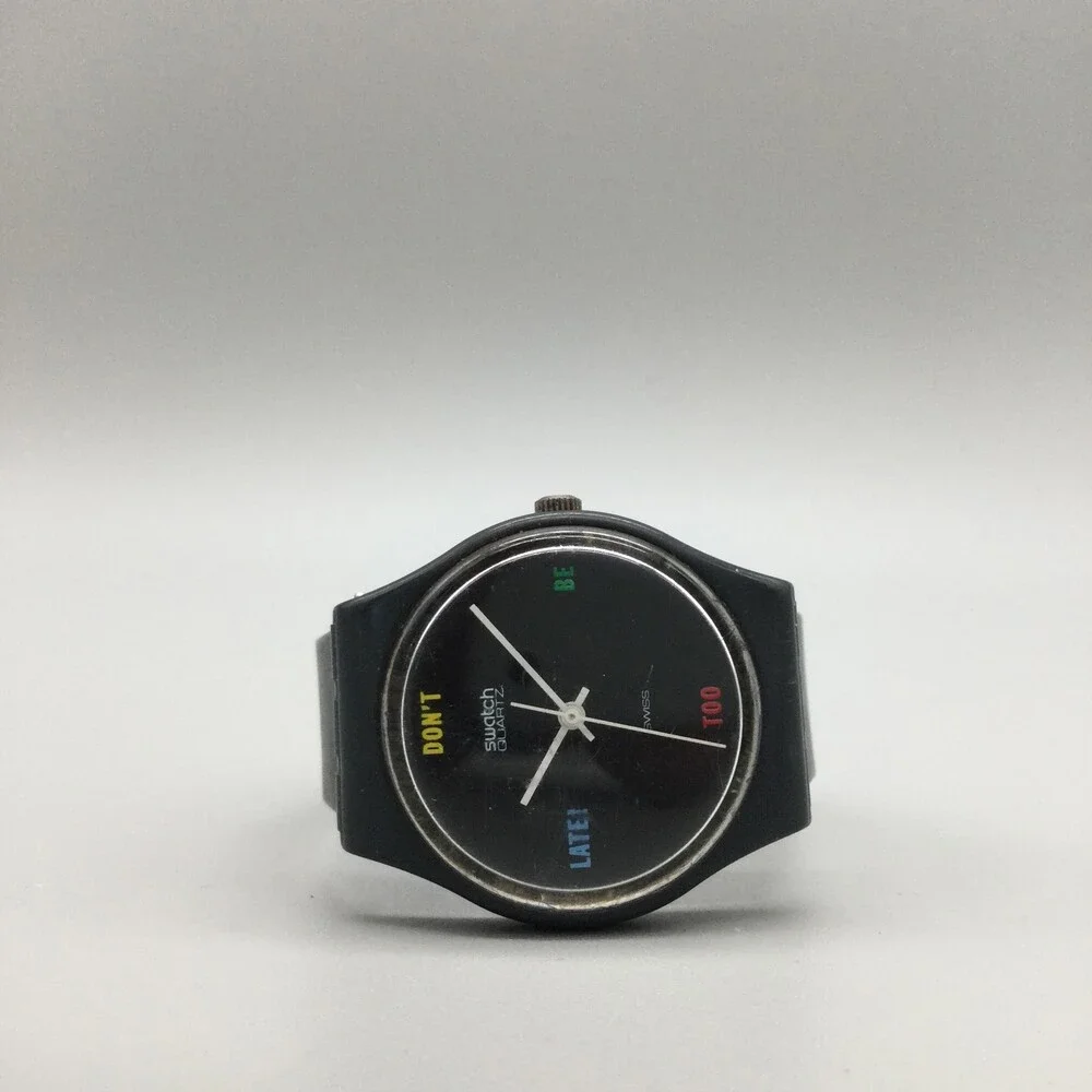 Vintage Swatch Mens Watch 33mm Black Dial Don't Be Too Late Not Running